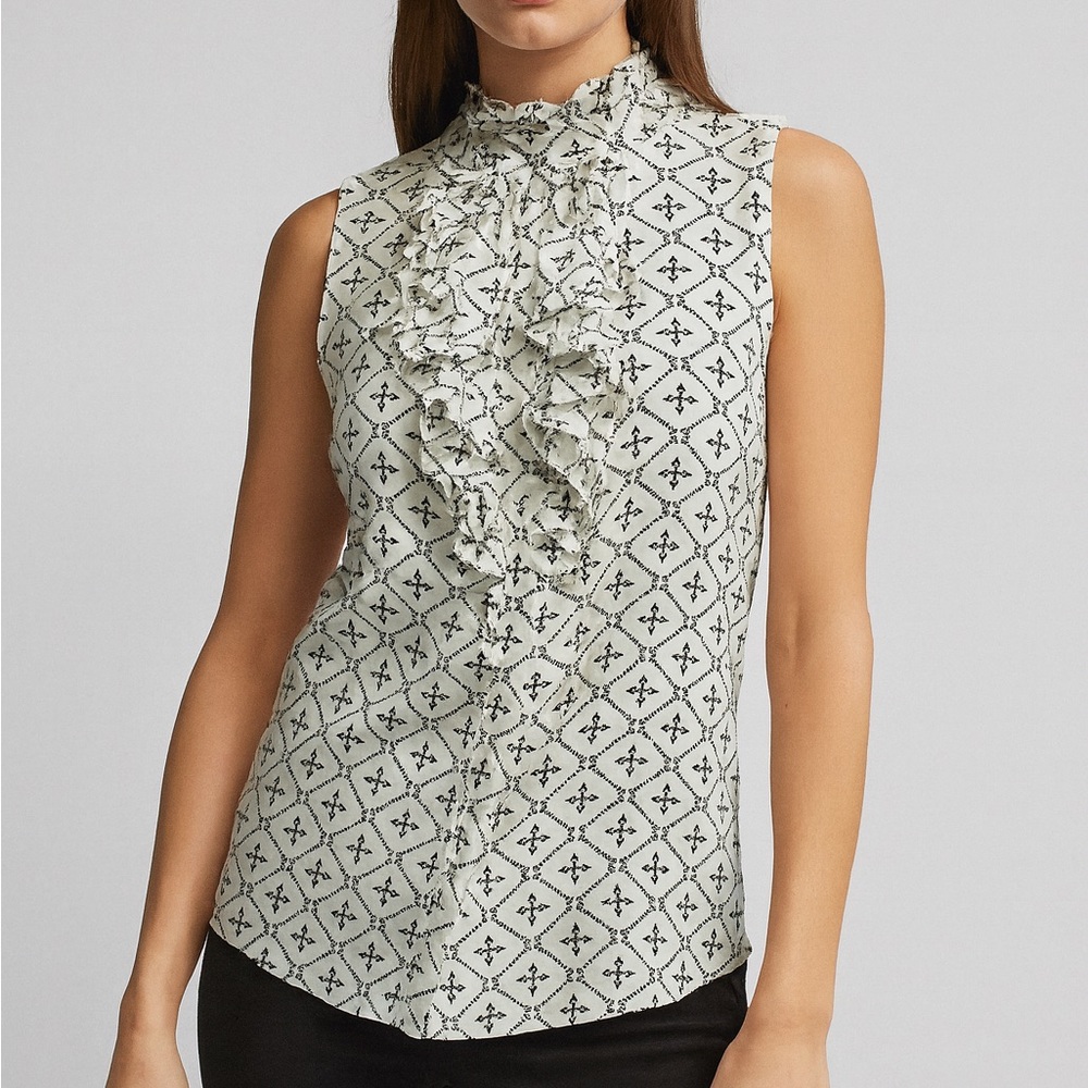 White House Black Market Geometric Ruffle Blouse Size 8